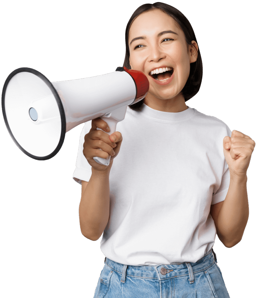 a girl wearing white t-shirt doing announcement on digital marketing