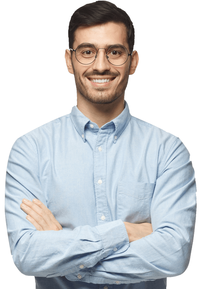 a young man with spectacles wearing blue shirt