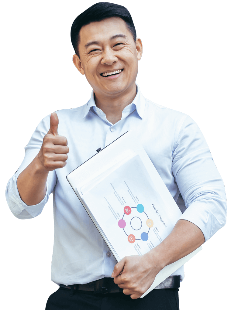 a smiling man wearing blue shirts with digital marketing plan in his hands